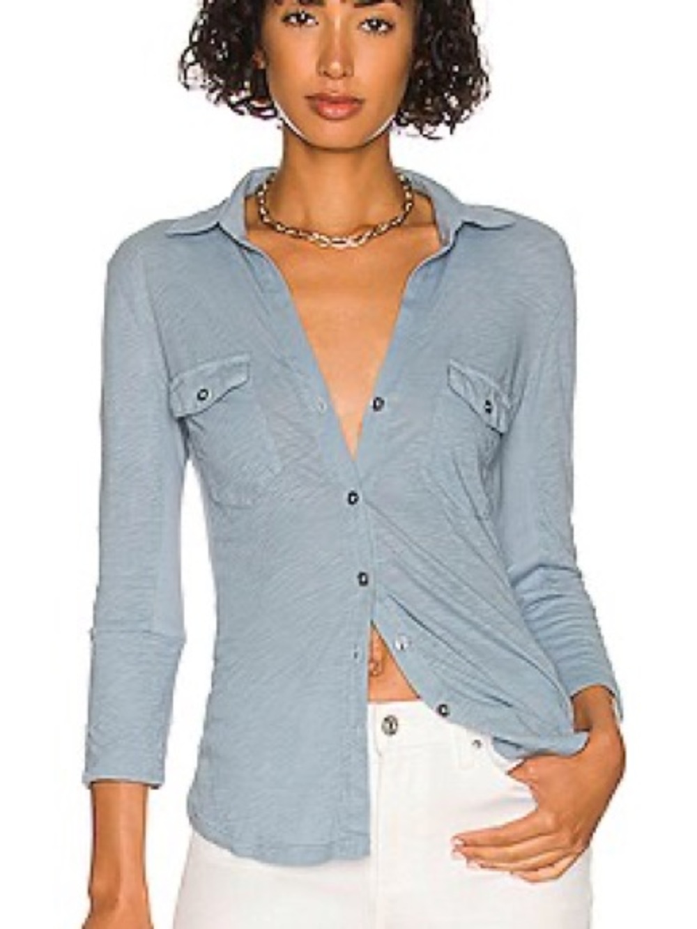 James Perse Contrast Panel Shirt, Size 4, Blue, 100% Cotton, Button Down Top